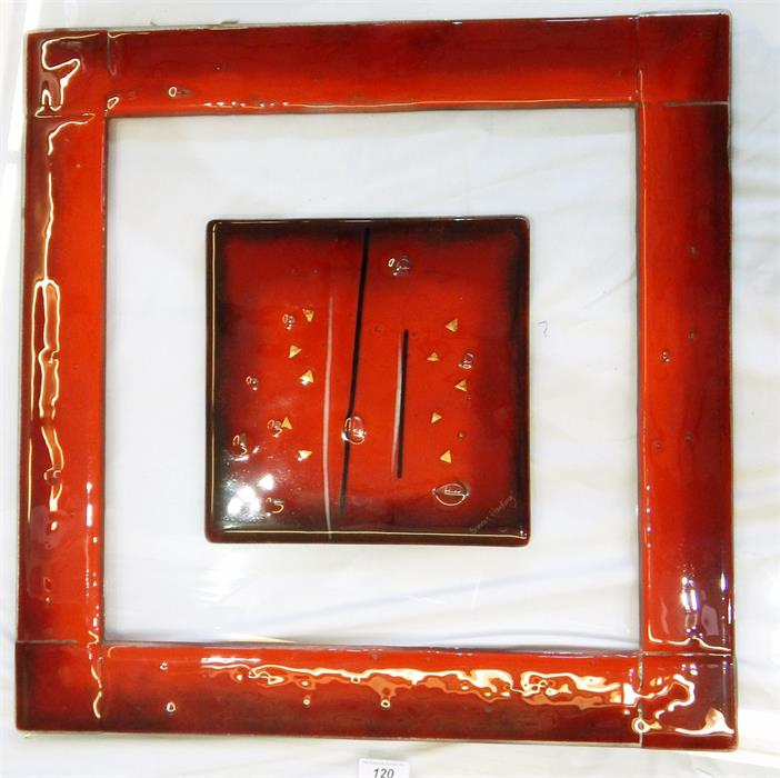 Modern art glass panel by Sharon Harding, approx 70cm x 70cm and another signed "Bez", approx 60cm x