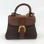 Delvaux handbag, vintage, purchased in Brussels, brown ostrich and brown leather, brass-coloured