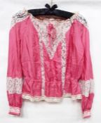 1960's Edwardian style pink silk and lace pintucked blouse with elasticated waist and a 1960's cream