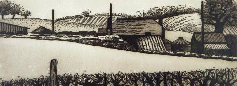 Susan Kirkman (contemporary)  Etching "A Wiltshire Farm", labelled verso and dated 1997, signed to