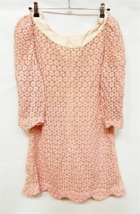 1960's mini shift dress with pink embroidered flowers all over, a crocheted mini dress with three-