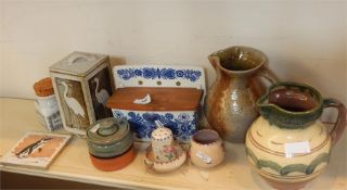 Various items of studio pottery, Poole pottery, Minton tile with penguin and other decorative