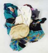 Quantity of vintage scarves including Gucci, Jones New York, chiffon, etc and a gold lame evening