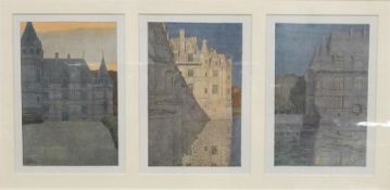 After Jules Guerin Six colour prints, framed as two sets, of three depicting various castles and