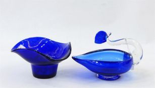 Blue and clear Art glass dish modelled as a bird and a blue glass posy vase (2)