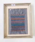 Sample of smocking on blue check cotton, framed