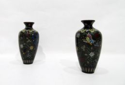 Pair Oriental cloisonne vases, shouldered and tapering, Phoenix and floral decorated