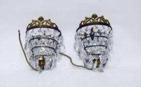 Pair of glass lozenge and gilt metal wall light fittings with mirror backs