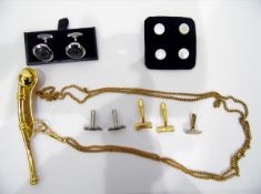 Gilt metal Bosun's whistle-pattern pendant on chain, set of four mother-of-pearl dress studs, pair
