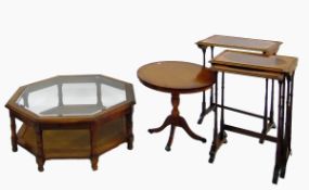 Three tables as a nest, the tops with burr yew/maple oval inlay, with satinwood type surround, on