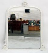 19th century white painted overmantel mirror, the arched top with scroll and medallion surmount, egg
