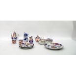 19th century English porcelain part coffee set of Imari design within cobalt blue borders,