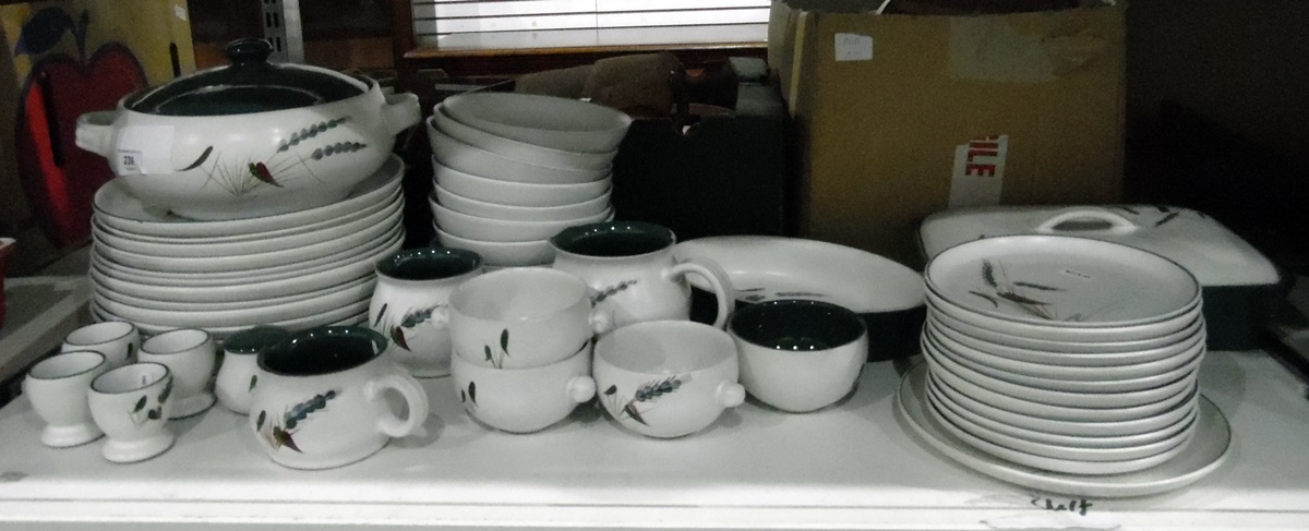 Denby part dinner service "Greenwheat" pattern, including dinner plates, bowls, side plates, serving