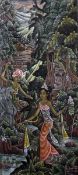 Ny Sudikah, Balinese  Pastel  Figures in a jungle landscape, signed, 48cm x 22cm