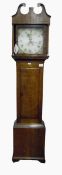 19th Century oak and mahogany longcase clock with swan-neck pediment, floral painted dial,