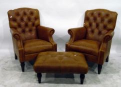 Pair of Laura Ashley modern leather upholstered armchairs with deep buttoned backs on turned legs