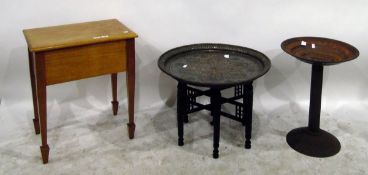 Lightwood sewing table, a stained wood Eastern and copper folding table and another metal bird