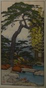 Toshi Yoshida (Japanese)  Pair of Japanese handcoloured prints "Plum Tree" and "Pine Tree", from the