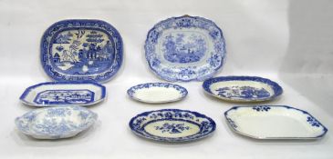 Quantity of various 19th century blue and white meat plates to include 'Willow' pattern, etc (8)