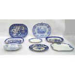 Quantity of various 19th century blue and white meat plates to include 'Willow' pattern, etc (8)