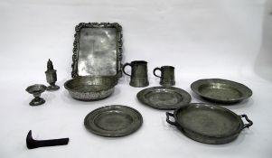 Various pewter hot plates, plates, condiments and a tray and two small tankards