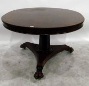 Victorian oval mahogany veneered breakfast table, raised on tapering octagonal column, concave