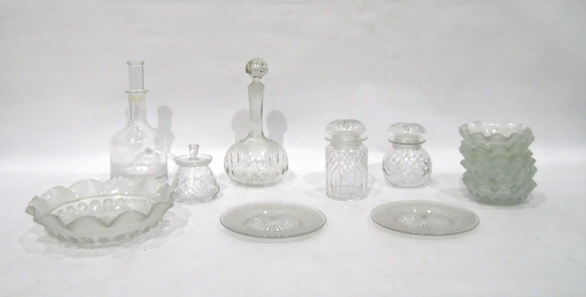 Quantity of glassware to include contemporary Dartington decanter and stopper, cut glass decanter