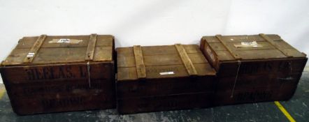 Three old deal packing cases inscribed Heelas Limited, Furniture Movers, Reading