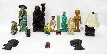 Quantity of Chinese stoneware figures and hardwood Oriental figures