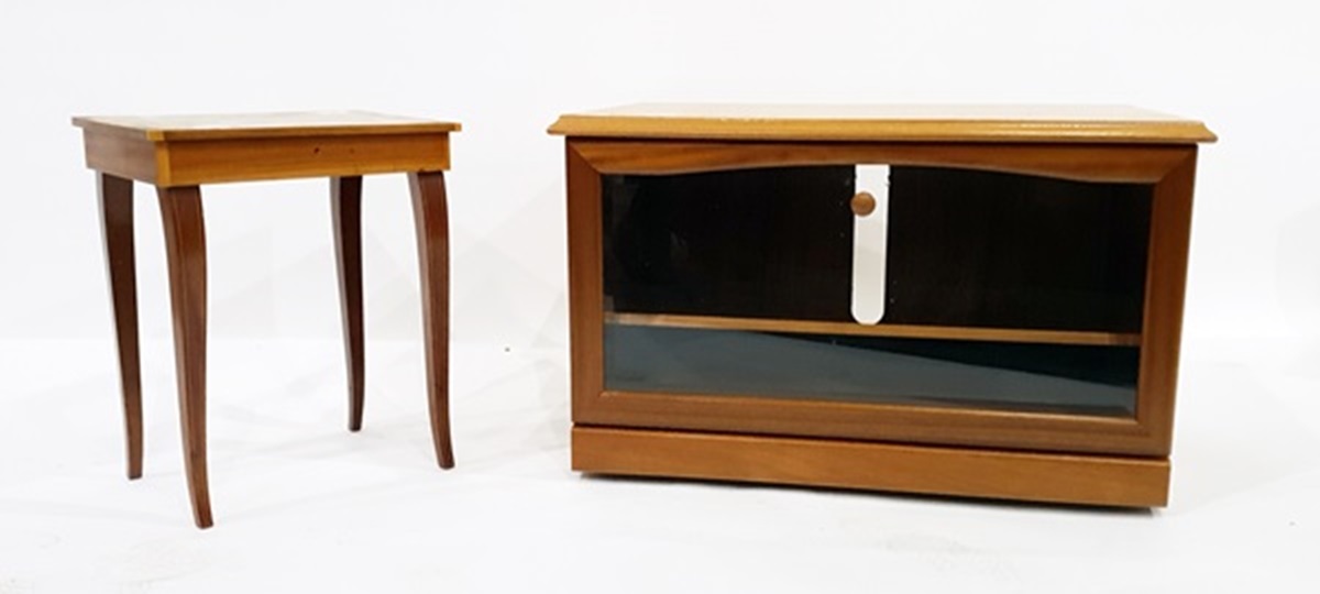 Modern glass fronted low cabinet, 47cm x 76cm and an Italian-style inlaid side table (2)