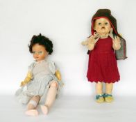 Mid 20th century plastic walking doll with sleeping eyes, open mouth, 51cm long and another doll (2)