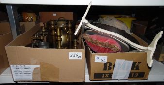 Various brass candlesticks, a brass pot, pewter mugs, a mirror, hats, cushion, etc (2 boxes)