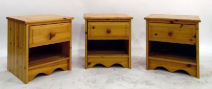 Three matching pine bedside cabinets, each fitted one drawer and an open stage (3)