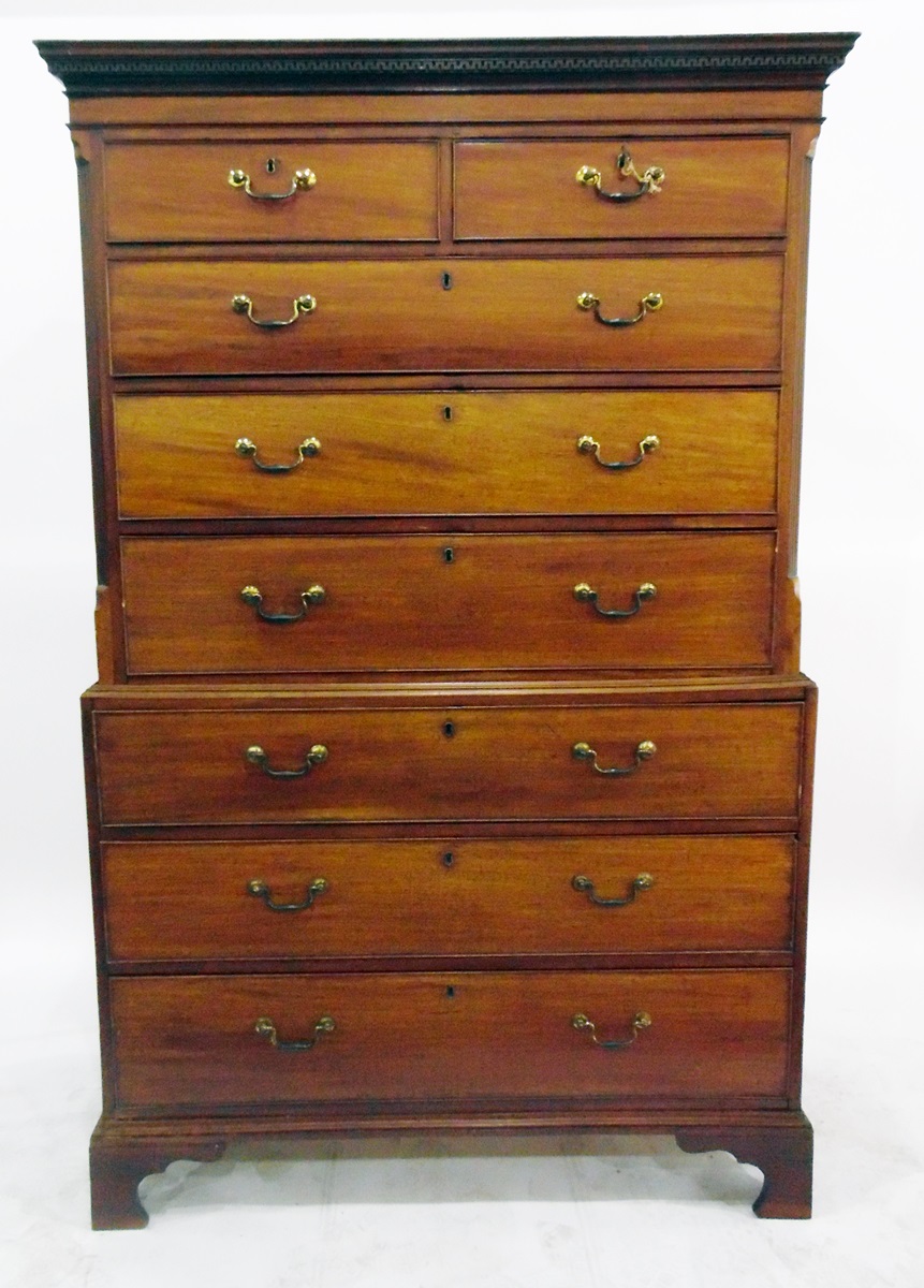 Early 19th century chest on chest having dentil flat moulded cornice over two short and three long