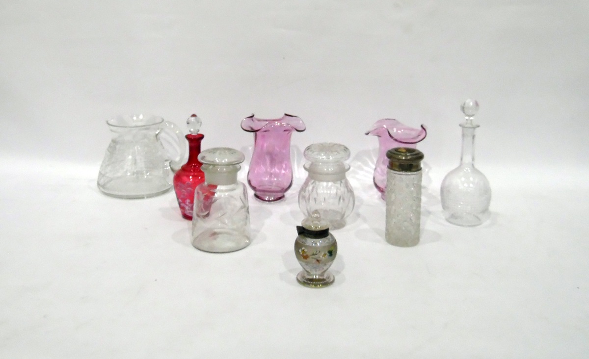 Quantity of glassware to include cranberry glass bottle and stopper with enamel Mary Gregory style