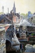 G M  Pair of watercolour drawings Town scenes, one of town bridge over river, the other an