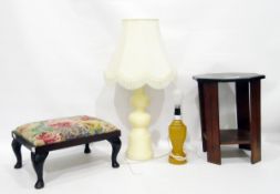 Woolwork embroidered footstool, two table lamps and an octagonal two-tier lamp/occasional table (4)