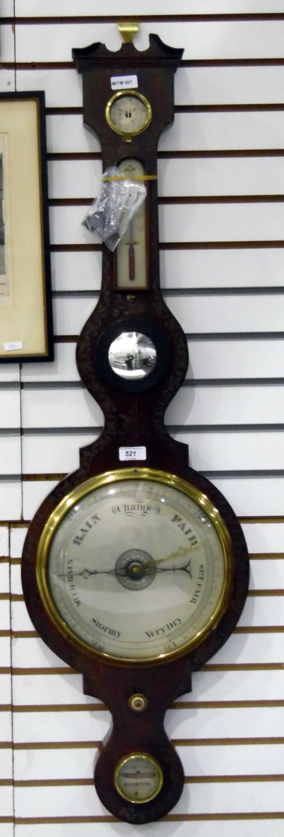19th Century painted rosewood wheel Barometer with broken arch pediment, dry/damp dial,
