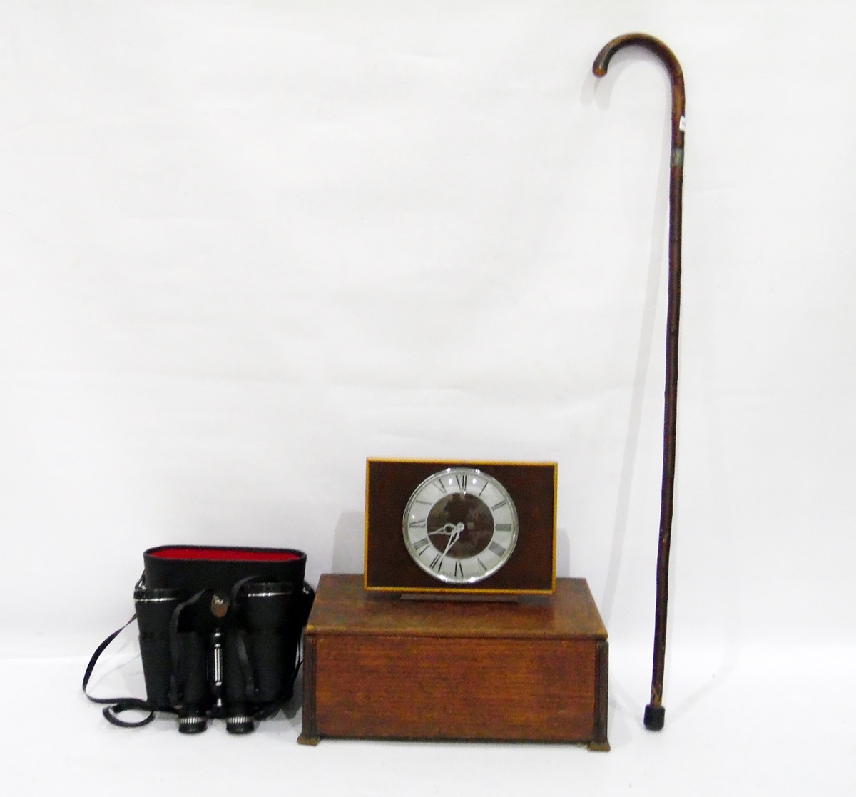 Pair of Admiral binoculars, Zenith camera, wall clock, oak wooden box, walking stick and small