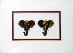 Pair of brass elephant heads (framed) and other pictures, various