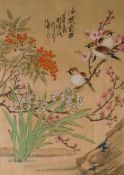 Pair of Chinese watercolour drawings depicting birds, insects and flowers, 40cm x 30cm and three