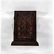 Arts and Crafts stained wood or fruit wood small cabinet, the hinged door carved with a fruit