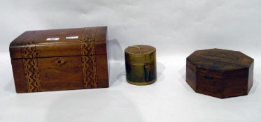 Tunbridge ware sewing box, leather string box and a Jerusalem olive wood box (3)