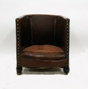 1920's studded hide upholstered tub chair (no cushion)