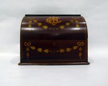 Edwardian inlaid rosewood stationary box, swag and ribbon detail having monogram on domed lid,