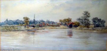 Stephen John Batchelder Watercolour drawing "Barton Staithe", waterside with moored sailing boat,