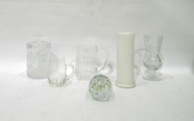 Cut glass jar and cover, jug, paperweight, thistle-shaped vase, etc (6)