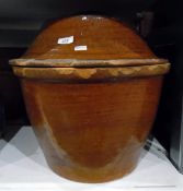 Large terracotta glazed lidded bread crock (some damage)