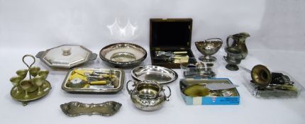 Quantity of sundry silver plate to include sugar basket with swing handle, various cruets and