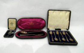 Silver watch fob (boxed), silver spoon and fork presentation set, London 1902 (boxed) and a set of
